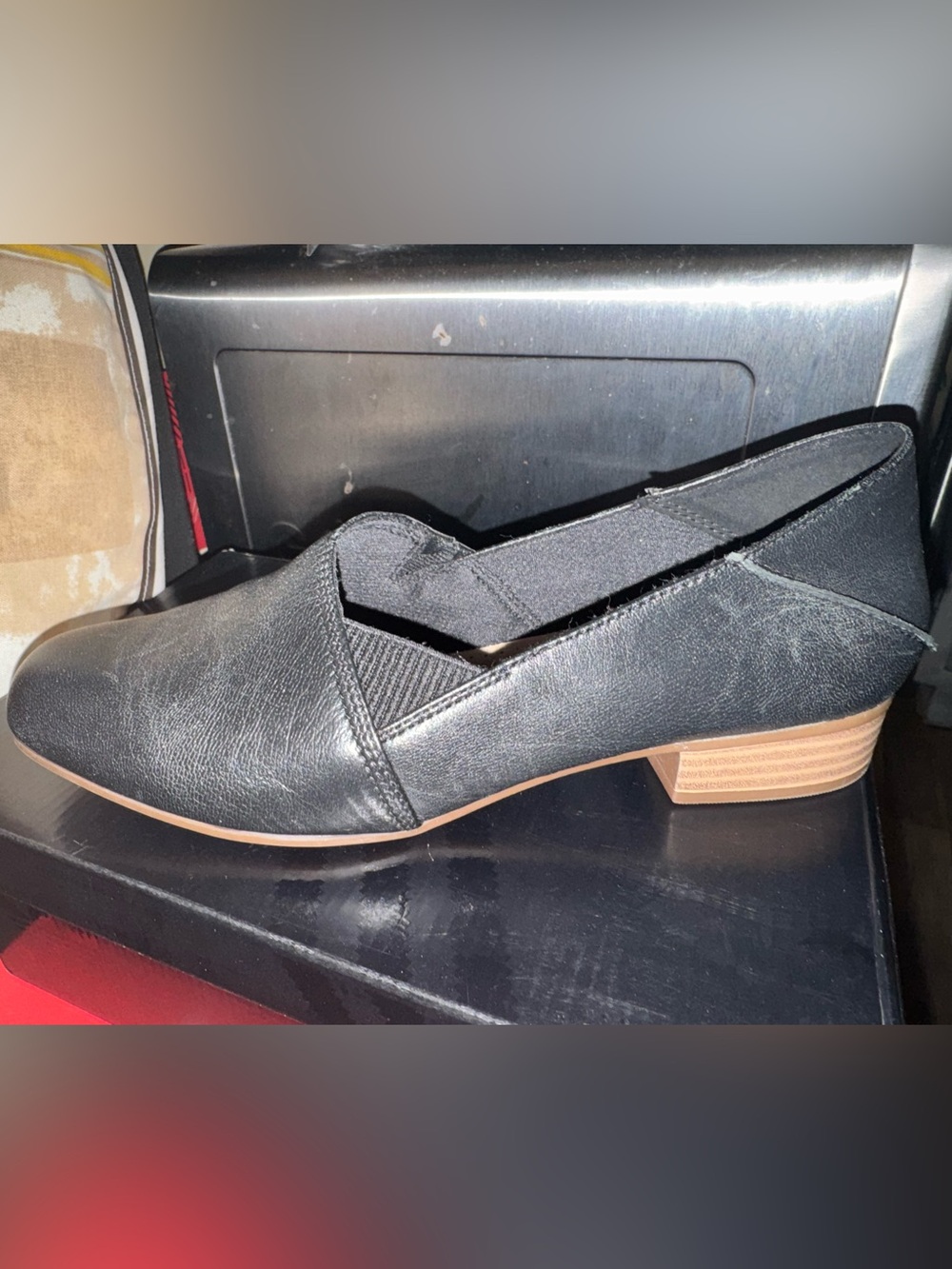 Clarks Black Faux-Leather Slip-On Loafers with Low Tan Heel
